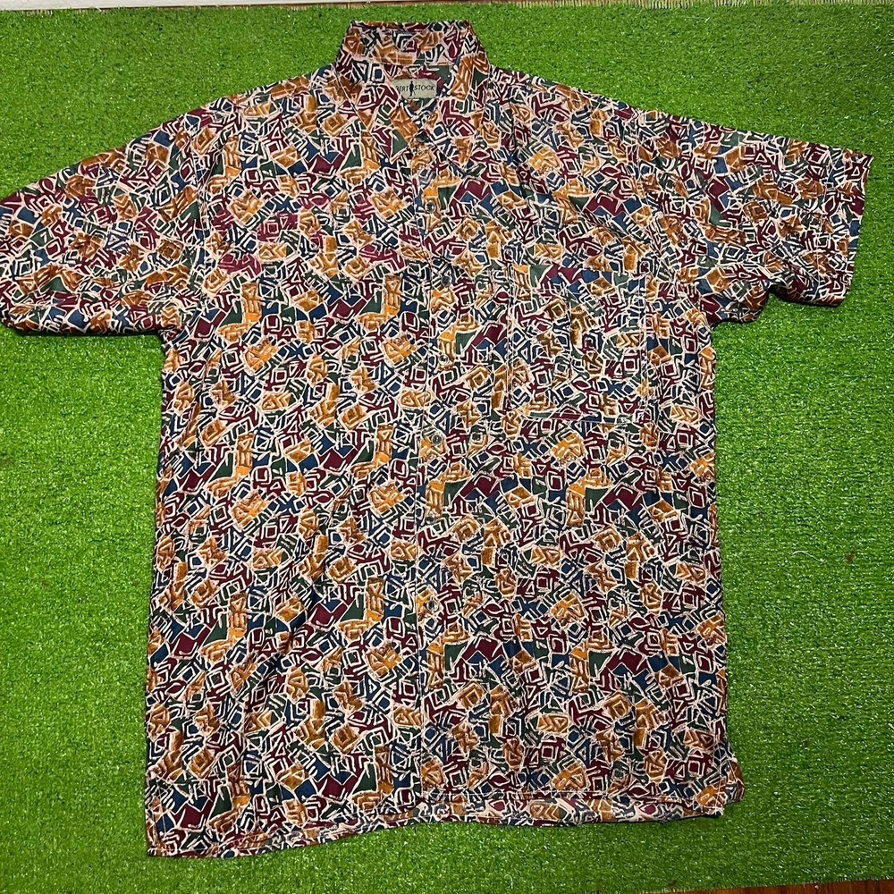 Vintage Robert Stock Silk XL Abstract Tribal Chaotic Print 90s Green‎ Yellow